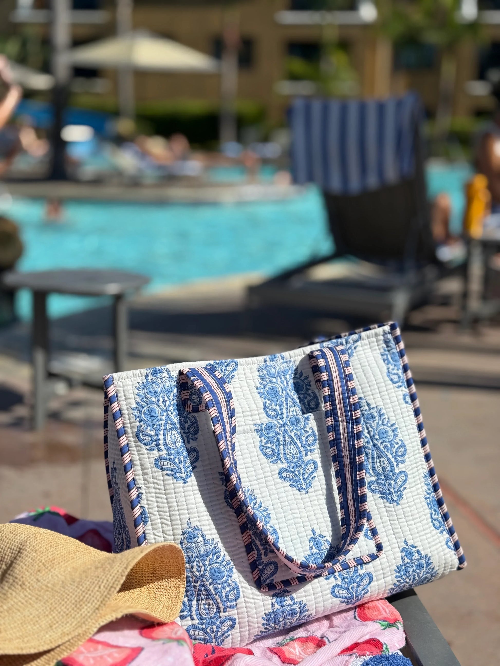White Blue Floral Handblock Print Cotton Quilt Tote Bag - Chickticks