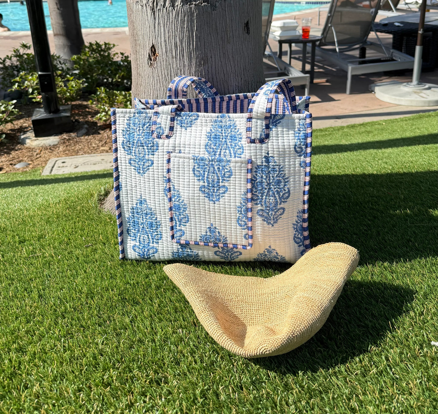 White Blue Floral Handblock Print Cotton Quilt Tote Bag - Chickticks