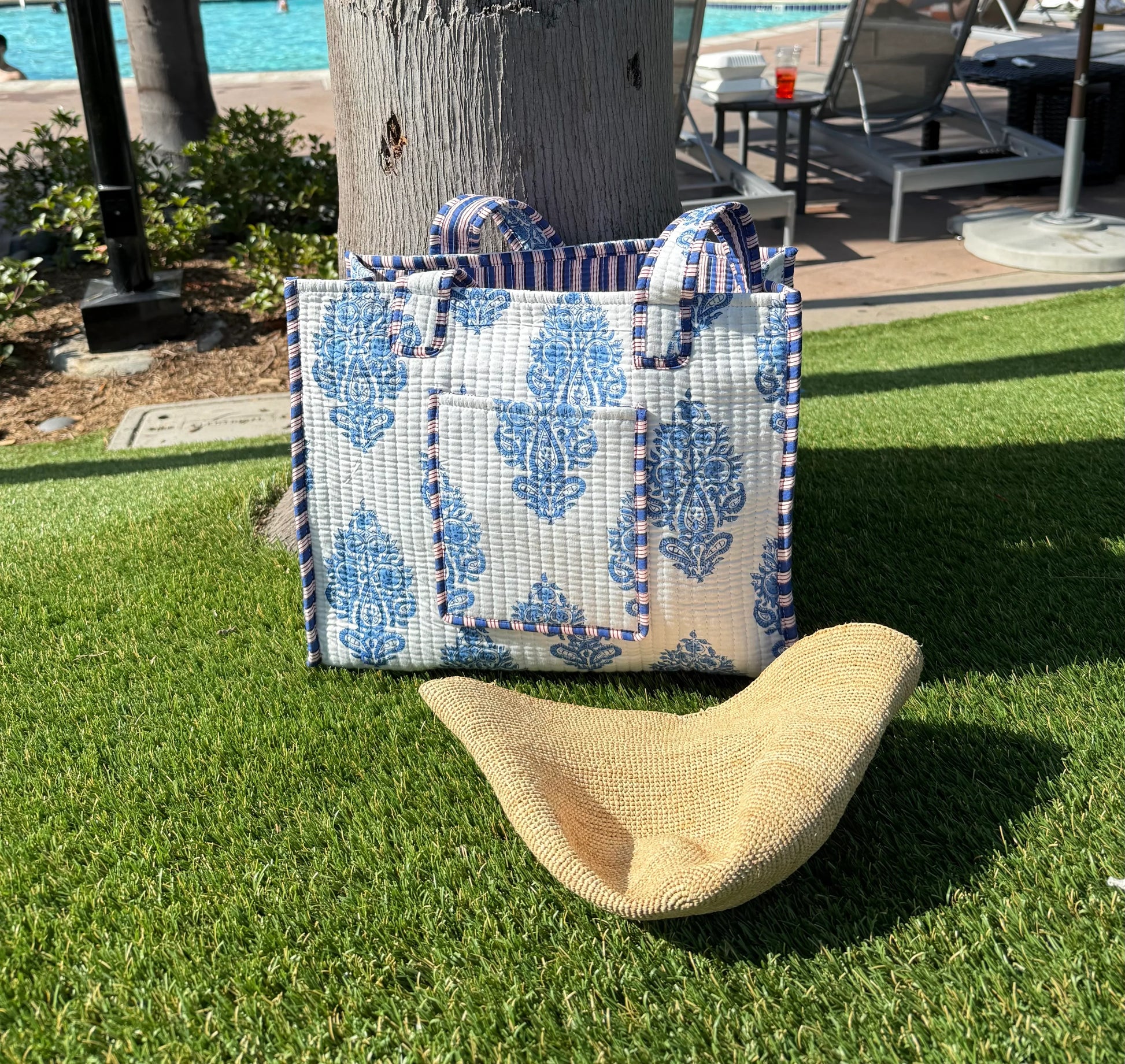 White Blue Floral Handblock Print Cotton Quilt Tote Bag - Chickticks