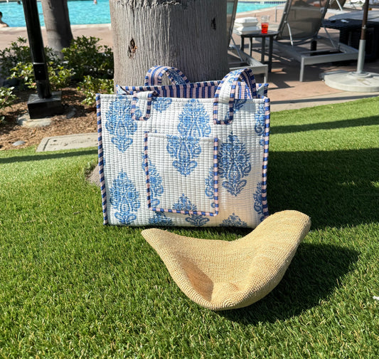 White Blue Floral Handblock Print Cotton Quilt Tote Bag - Chickticks