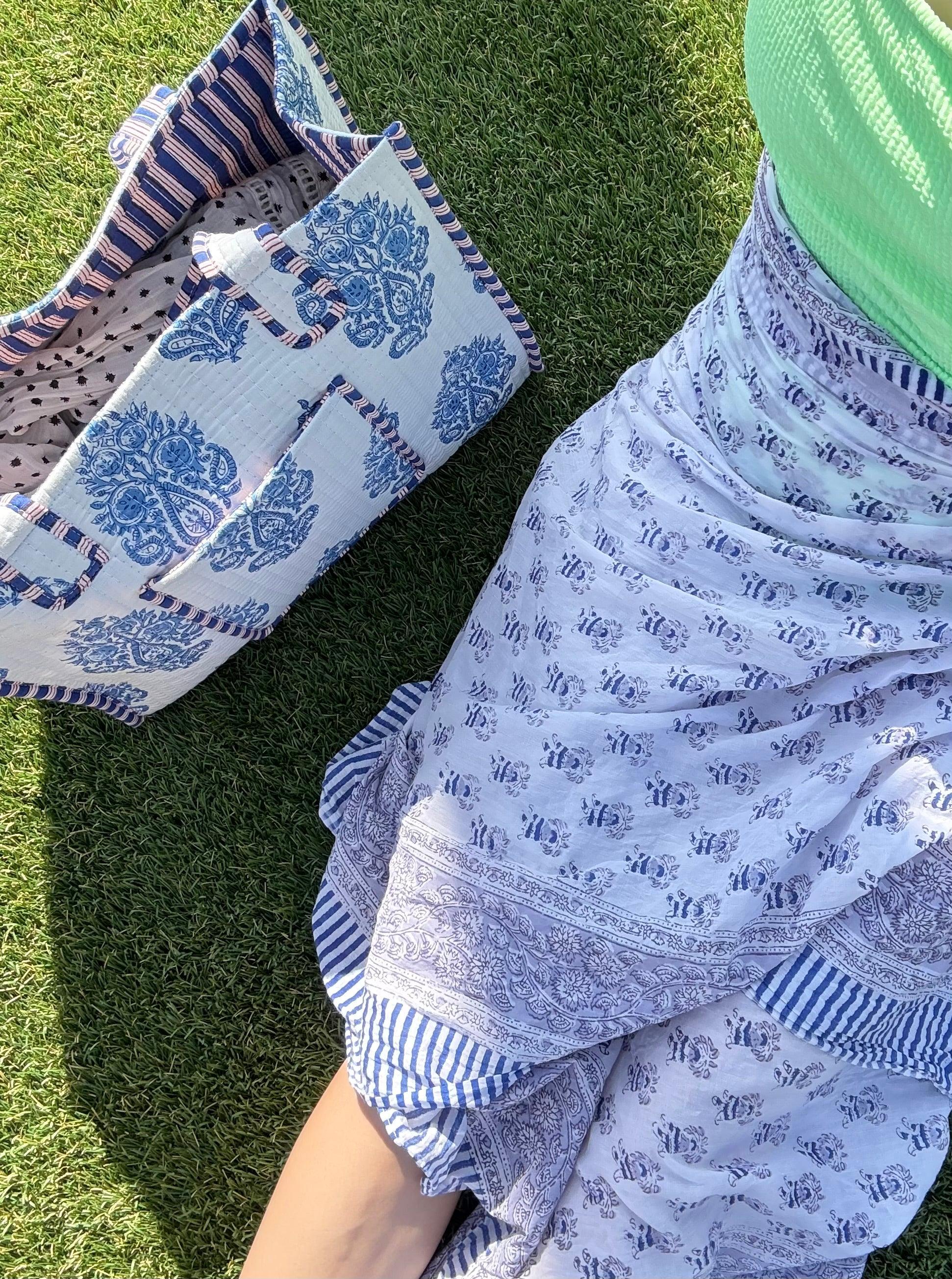 White Blue Floral Handblock Print Cotton Quilt Tote Bag - Chickticks