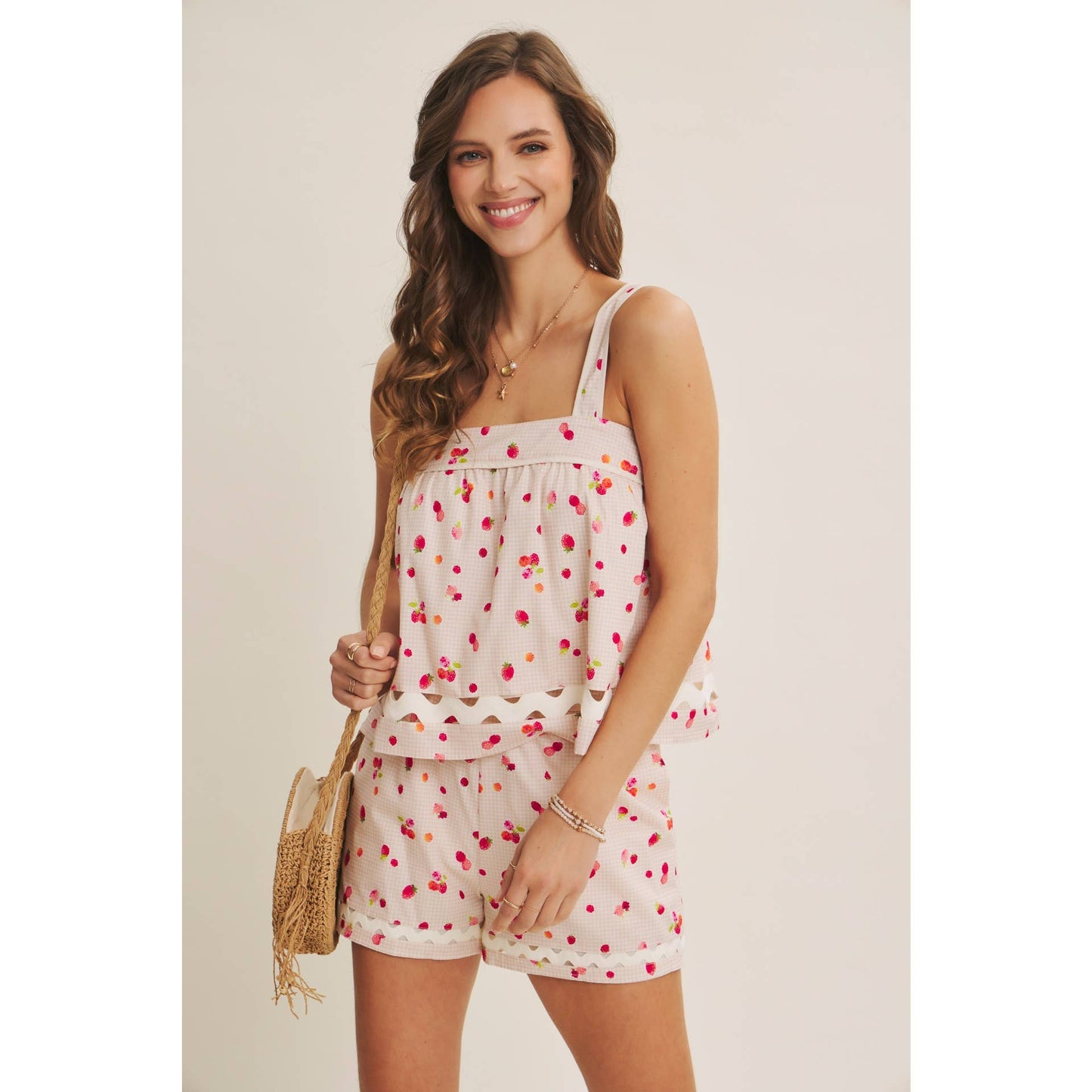 FRESH POP OF BERRY COTTON SQUARE NECK TOP WITH RIC RAC TRIM