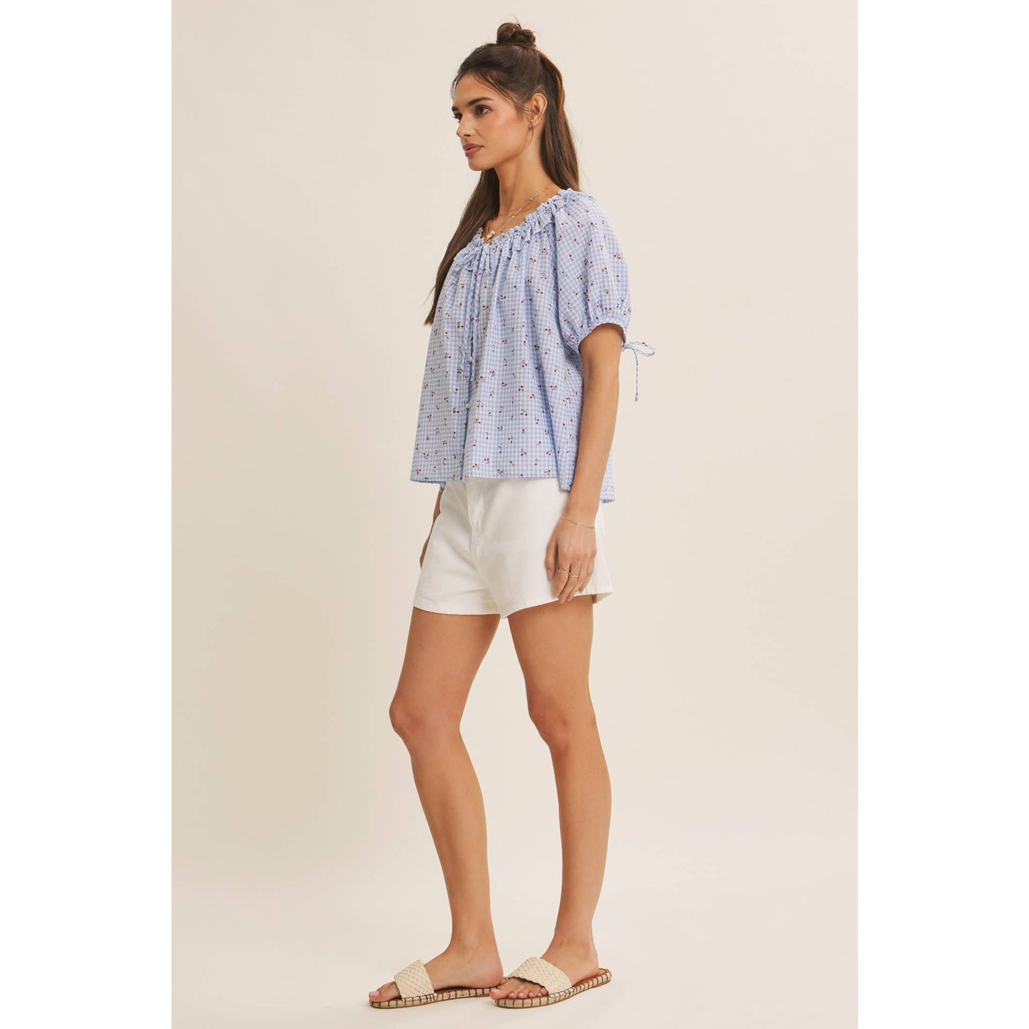 NOSTALGIC TWIST FRESH SUMMER CHERRY GINGHAM RUFFLED BLOUSE