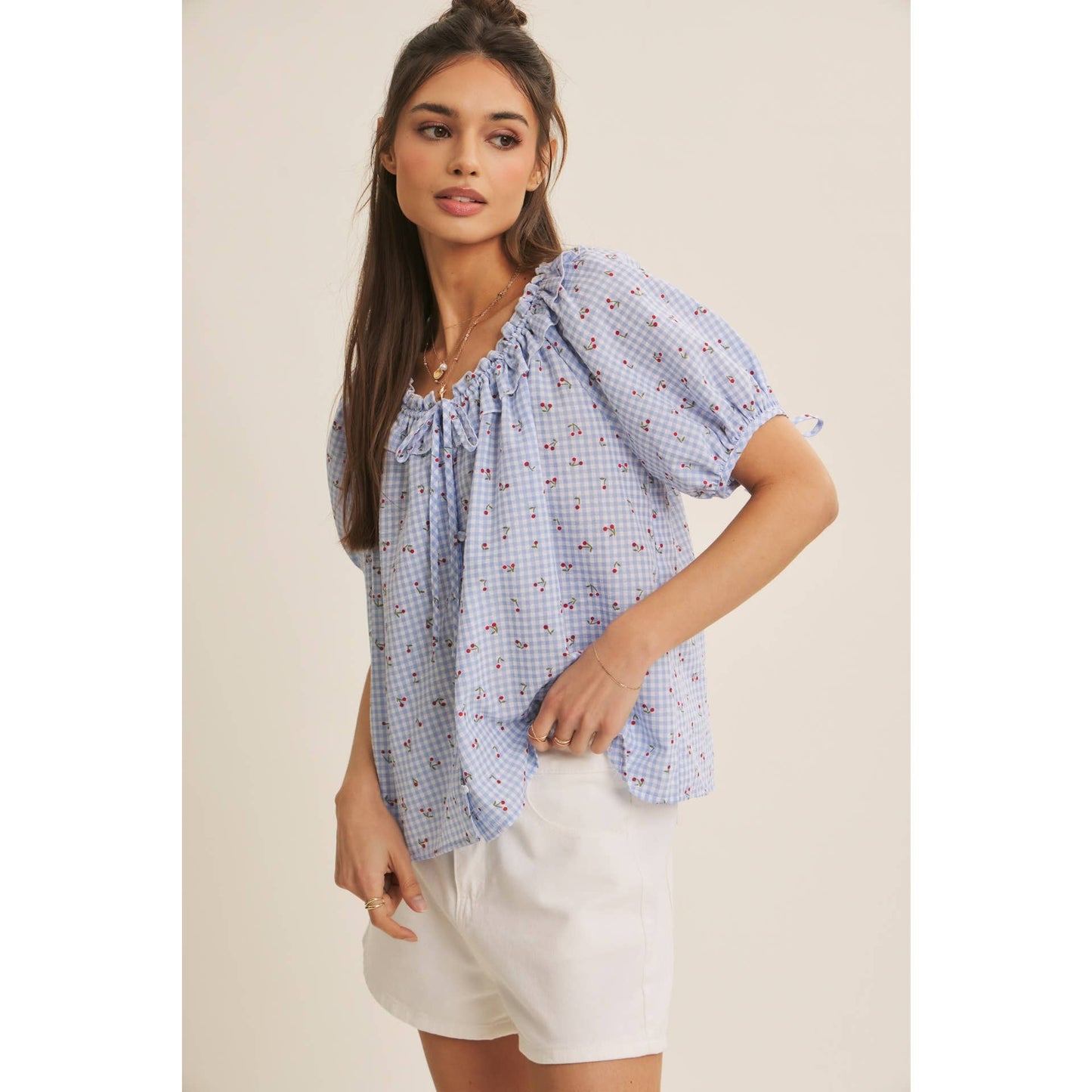 NOSTALGIC TWIST FRESH SUMMER CHERRY GINGHAM RUFFLED BLOUSE