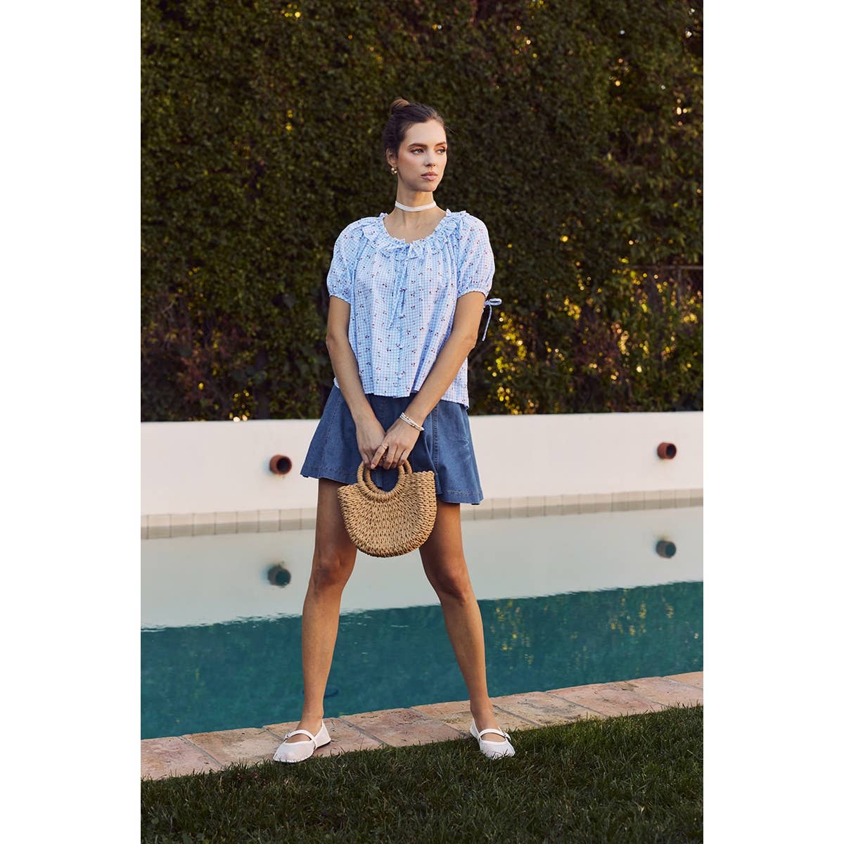NOSTALGIC TWIST FRESH SUMMER CHERRY GINGHAM RUFFLED BLOUSE