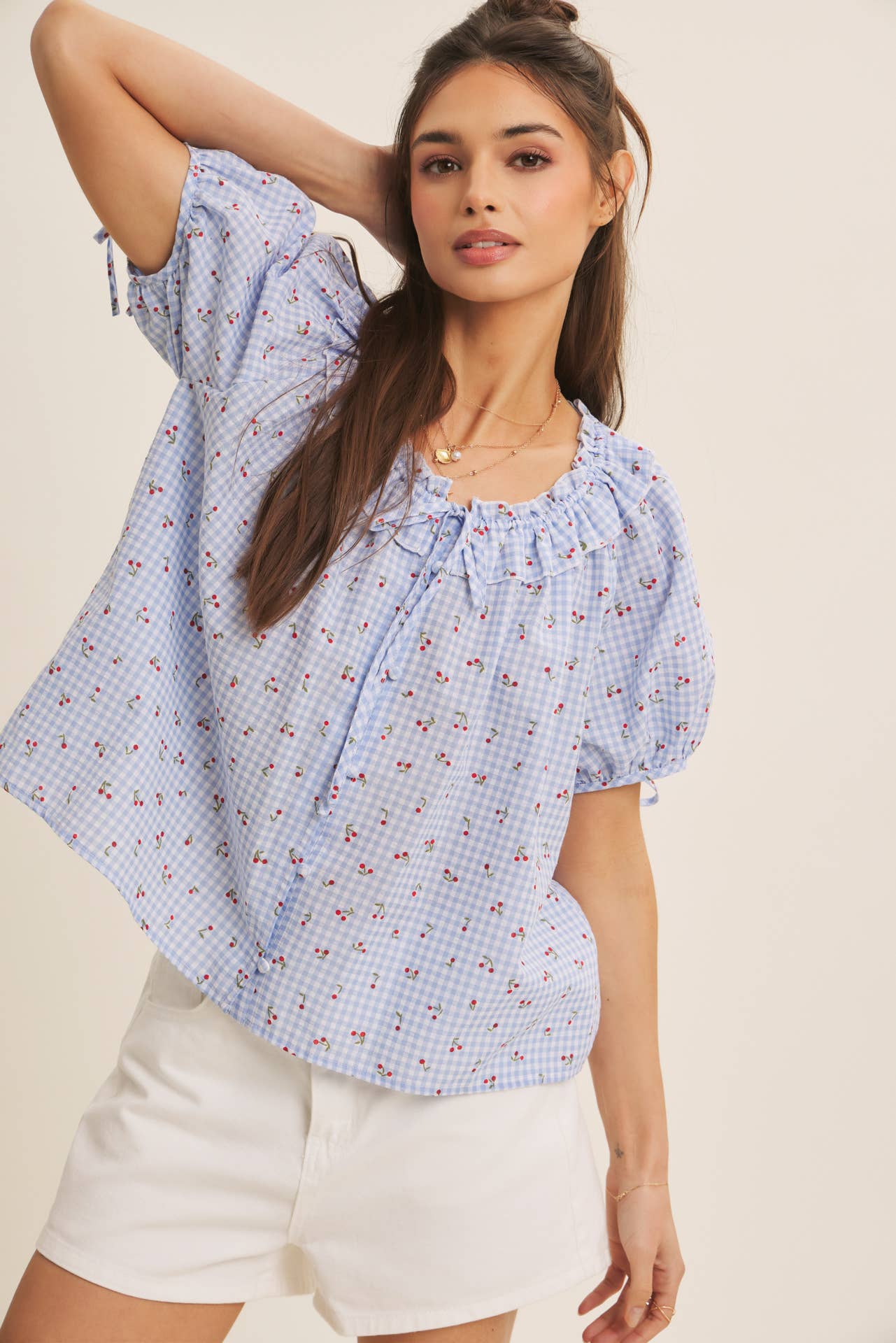 NOSTALGIC TWIST FRESH SUMMER CHERRY GINGHAM RUFFLED BLOUSE
