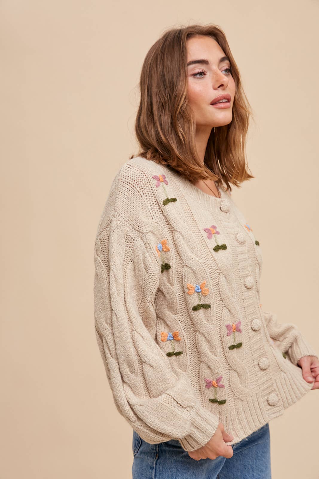 EMBROIDERED CABLE KNIT CARDIGAN - Chickticks