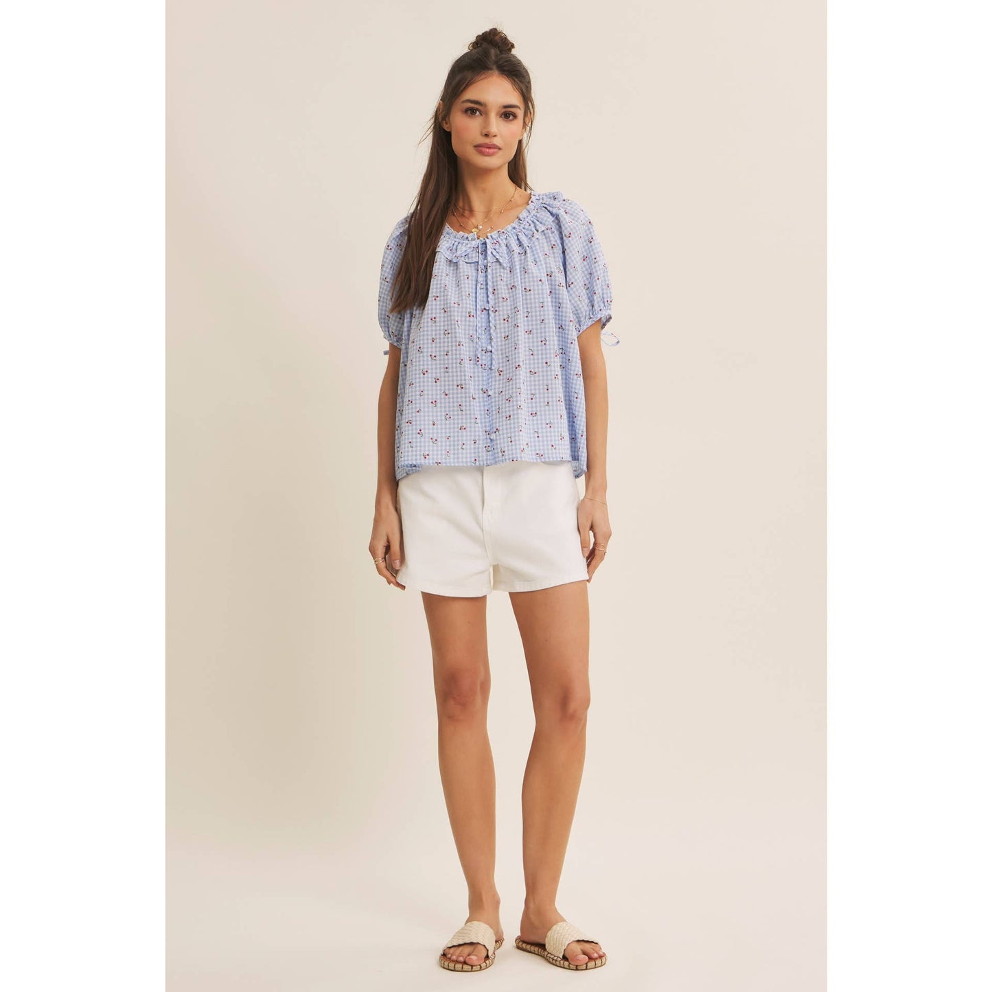 NOSTALGIC TWIST FRESH SUMMER CHERRY GINGHAM RUFFLED BLOUSE
