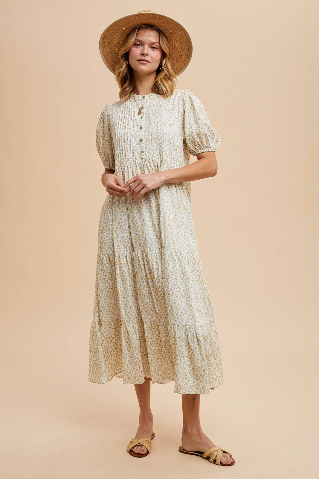 FLORAL PINTUCK BUTTON MIDI DRESS. Cottage core Whimsical Dress. Natural Fiber Everyday Nap Dress. - Chickticks