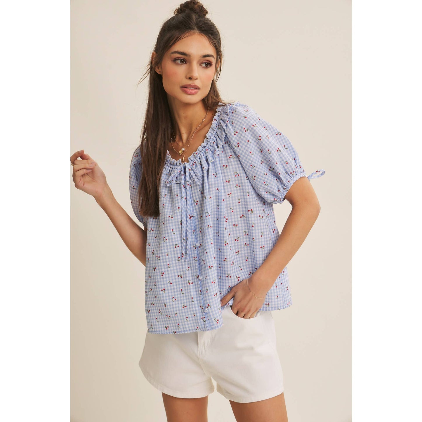 NOSTALGIC TWIST FRESH SUMMER CHERRY GINGHAM RUFFLED BLOUSE