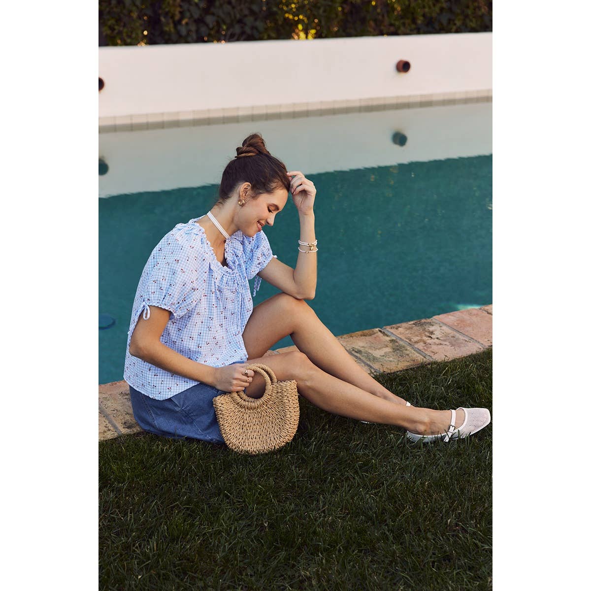 NOSTALGIC TWIST FRESH SUMMER CHERRY GINGHAM RUFFLED BLOUSE