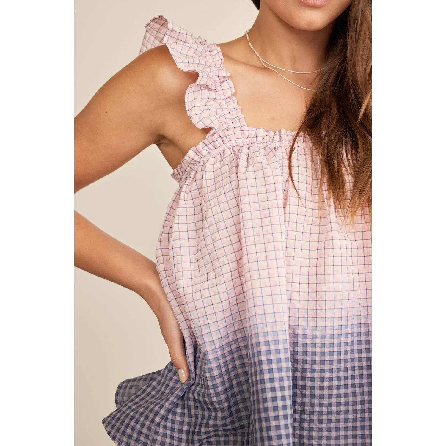 OMBRE PLAID RUFFLE SLEEVE TOP - Chickticks