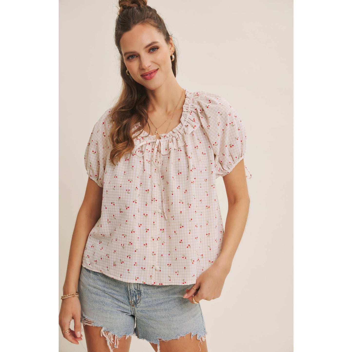 NOSTALGIC TWIST FRESH SUMMER CHERRY GINGHAM RUFFLED BLOUSE
