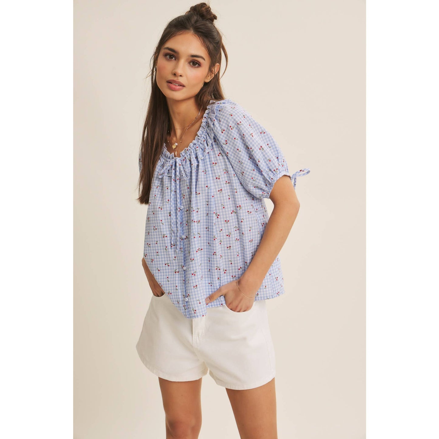 NOSTALGIC TWIST FRESH SUMMER CHERRY GINGHAM RUFFLED BLOUSE