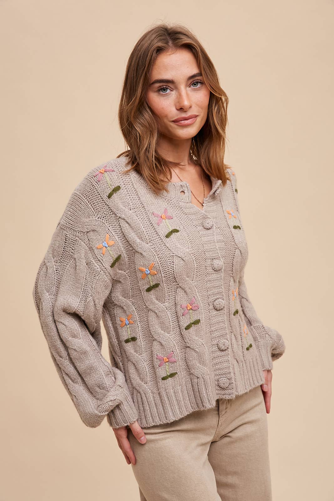 EMBROIDERED CABLE KNIT CARDIGAN - Chickticks