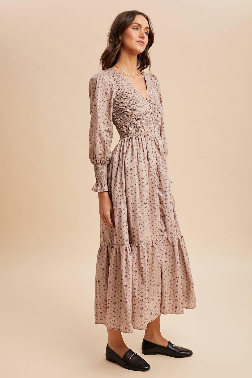 COTTON SMOCKED FLORAL BUTTON DOWN MAXI - Chickticks