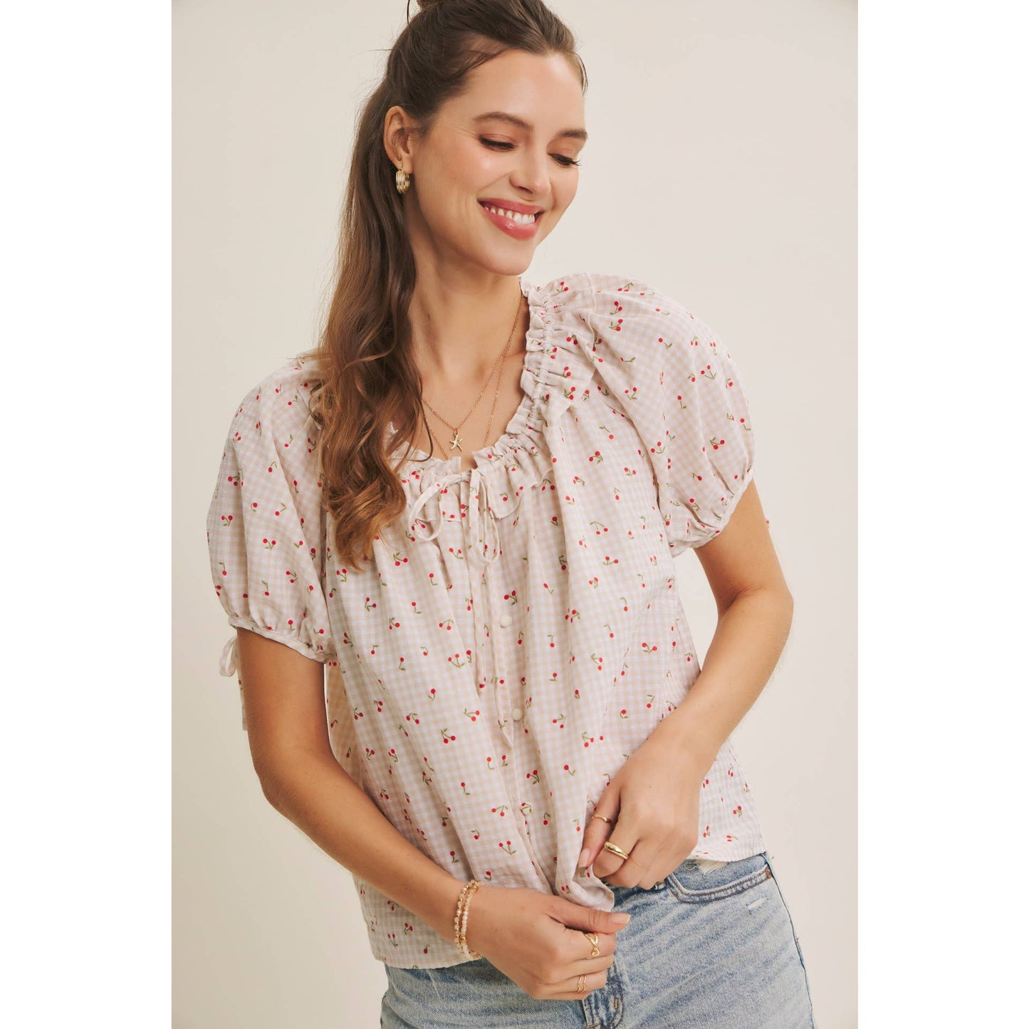NOSTALGIC TWIST FRESH SUMMER CHERRY GINGHAM RUFFLED BLOUSE