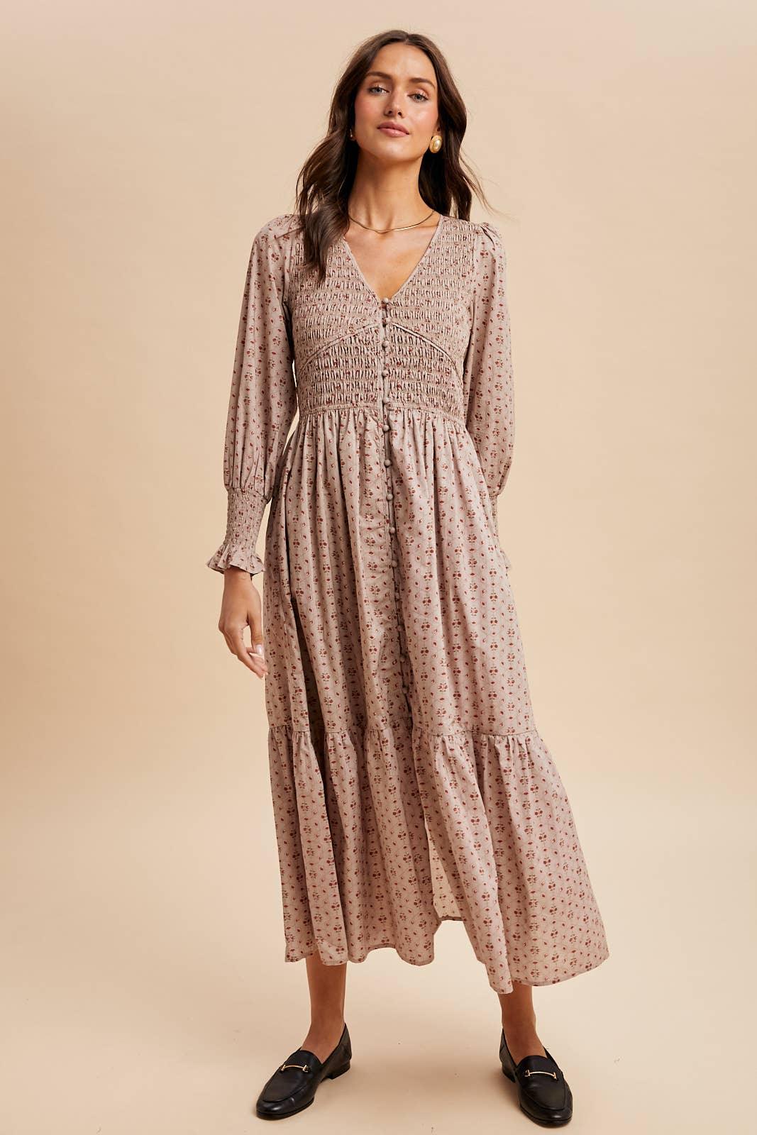 COTTON SMOCKED FLORAL BUTTON DOWN MAXI - Chickticks