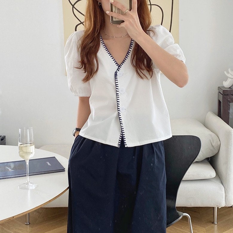 Casual White shirt top with stitches. Cozy comfortable top. Cotton top. Romantic blouse. Mood blouse. Summer top for women. - Chickticks