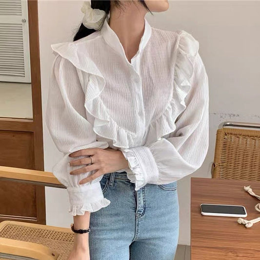 Ruffle cotton white shirt french style vintage inspired. Bohemian shirt style. Victorian style shirt. Romantic blouse. Cozy comfortable top - Chickticks