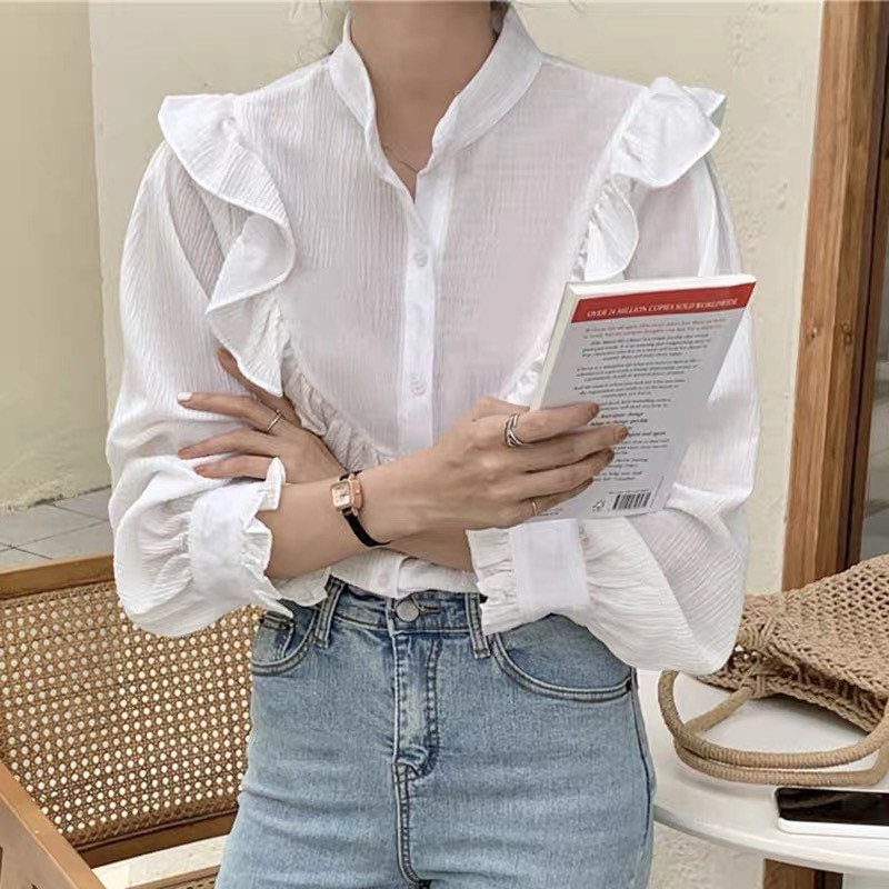 Ruffle cotton white shirt french style vintage inspired. Bohemian shirt style. Victorian style shirt. Romantic blouse. Cozy comfortable top - Chickticks