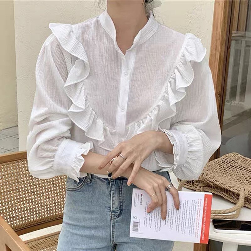 Ruffle cotton white shirt french style vintage inspired. Bohemian shirt style. Victorian style shirt. Romantic blouse. Cozy comfortable top - Chickticks