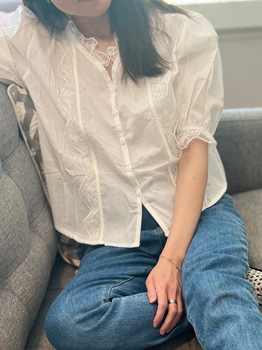 White ruffle frilly top cotton with button - Chickticks