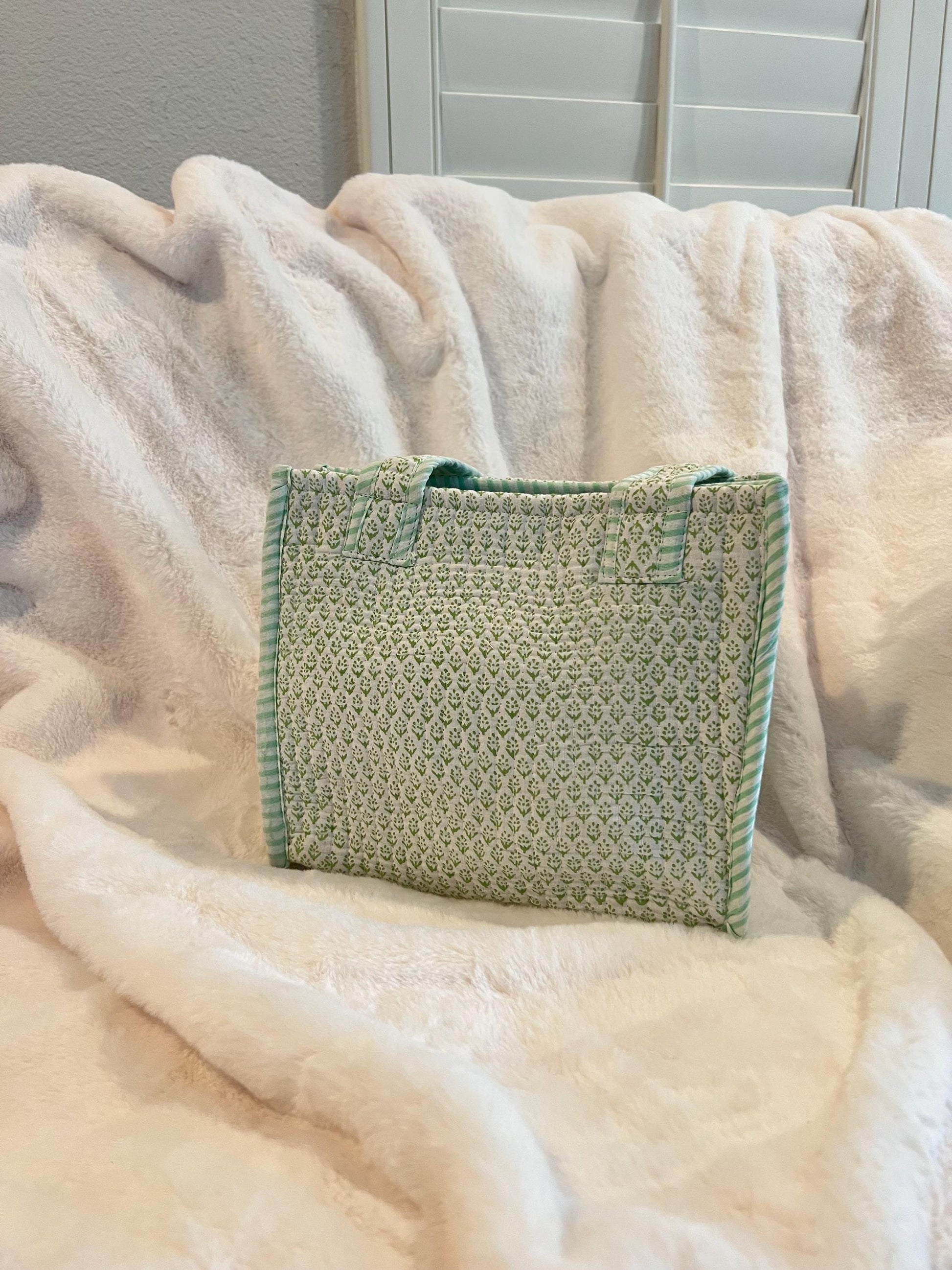 Hand blocked print cotton quilt reversible mini tote bag / stripe mini tote bag/ beach bag / green sage color bag - Chickticks