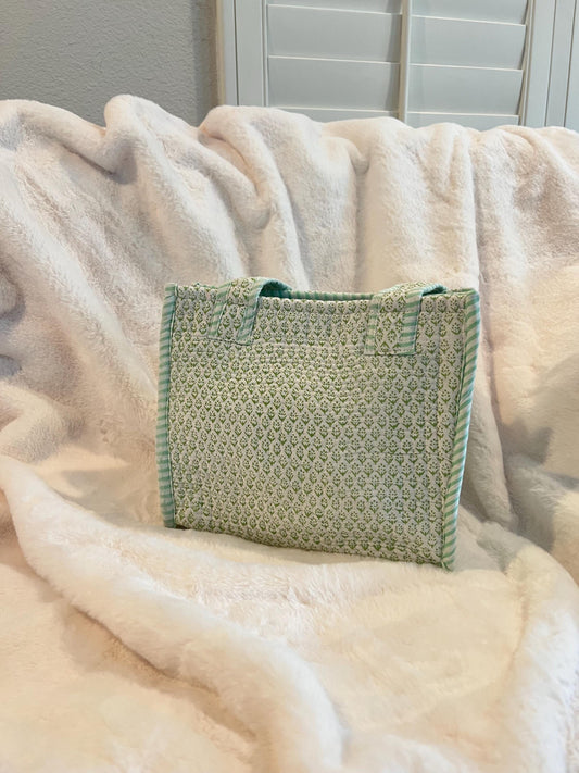 Hand blocked print cotton quilt reversible mini tote bag / stripe mini tote bag/ beach bag / green sage color bag - Chickticks