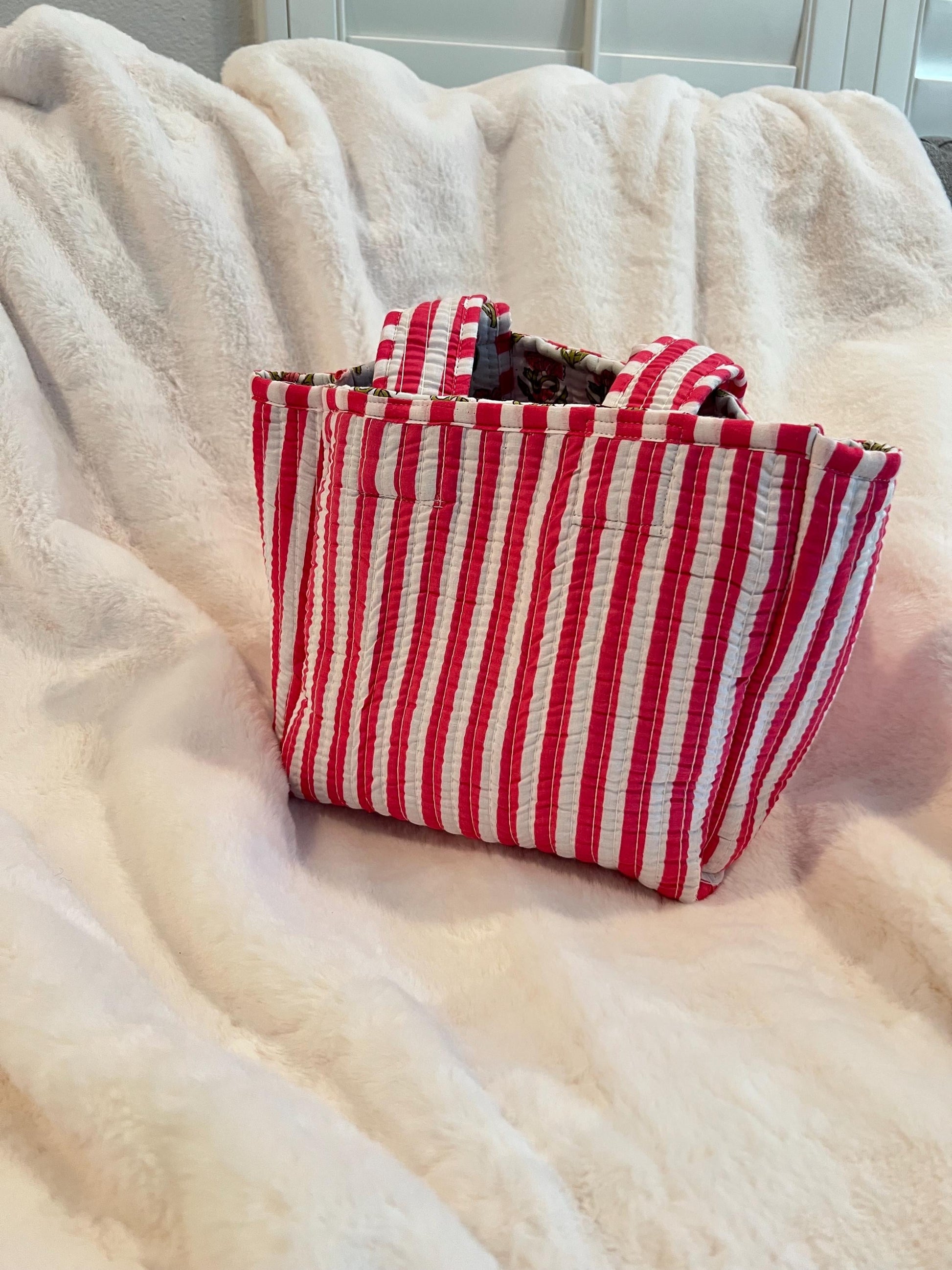 Hand blocked print cotton quilt reversible mini tote bag / stripe mini tote bag/ beach bag / floral pink tote bag