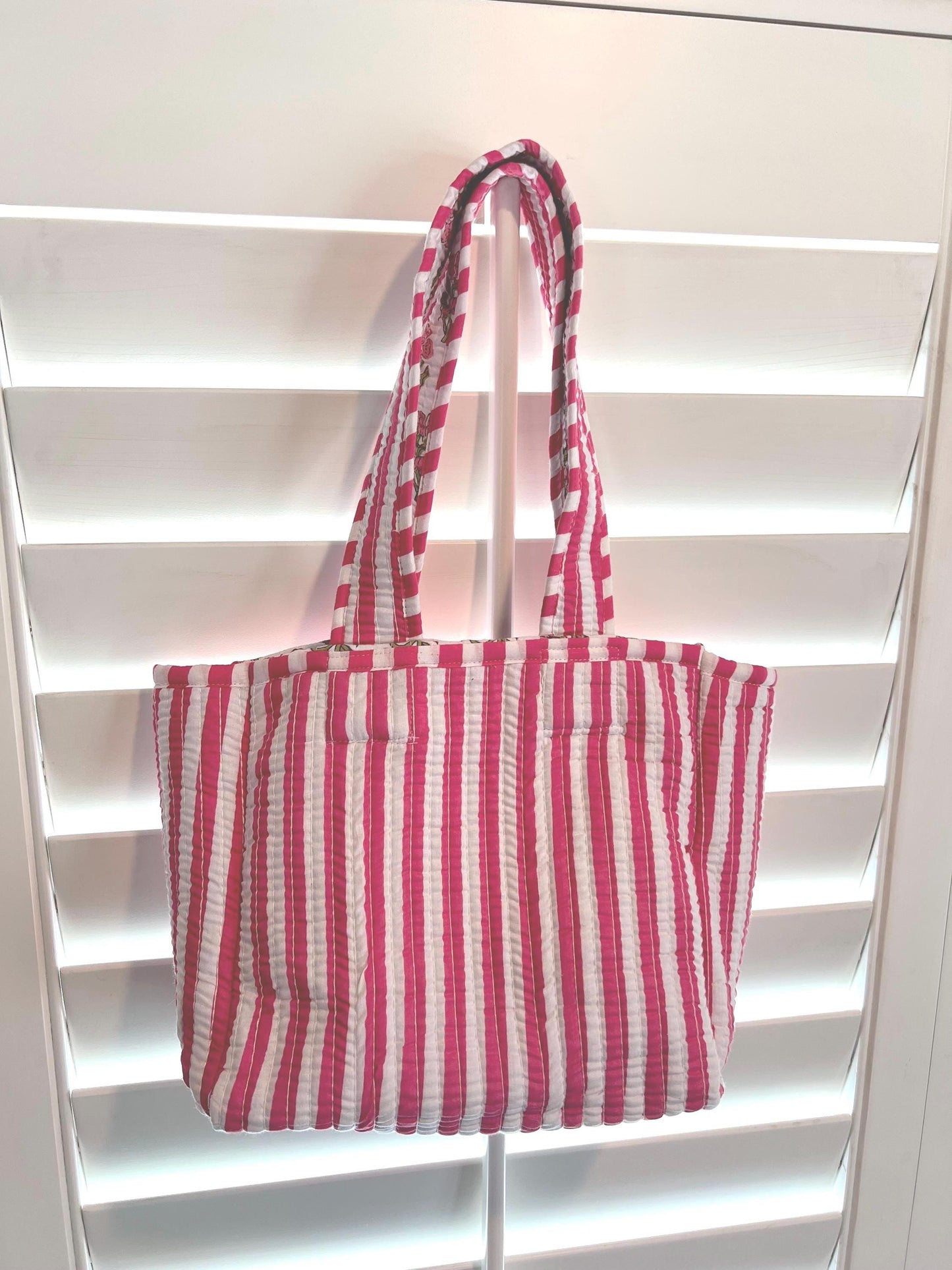 Hand blocked print cotton quilt reversible mini tote bag / stripe mini tote bag/ beach bag / floral pink tote bag
