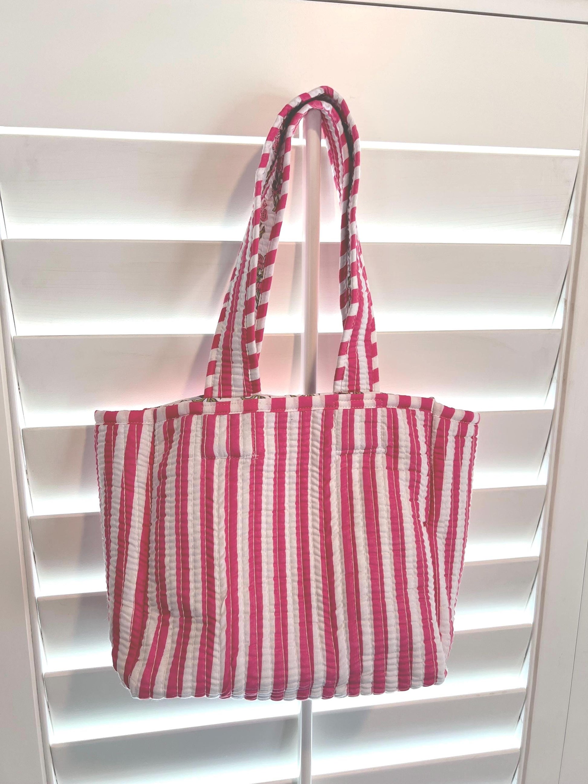 Hand blocked print cotton quilt reversible mini tote bag / stripe mini tote bag/ beach bag / floral pink tote bag