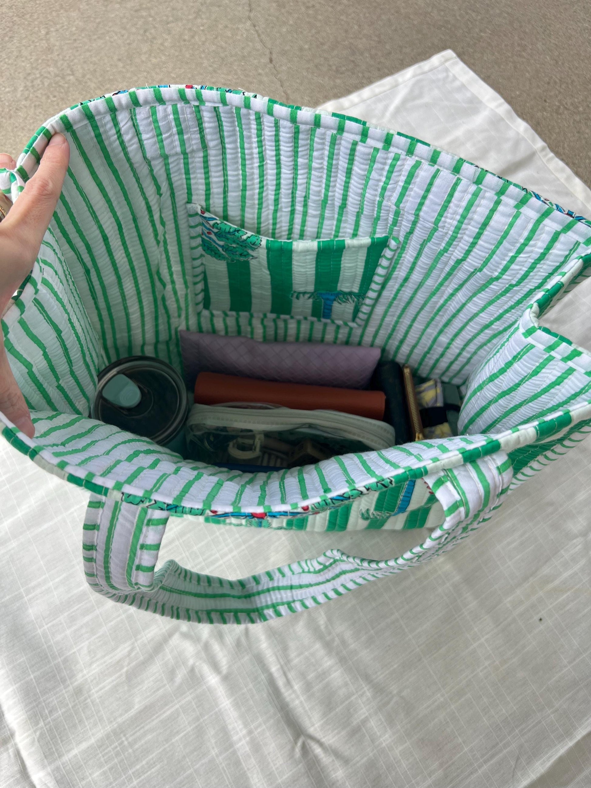 Hand blocked print cotton quilt bag large tote bag / palm tree green prints with pockets/ beach bag/ green stripes cotton quilt tote bag - Chickticks