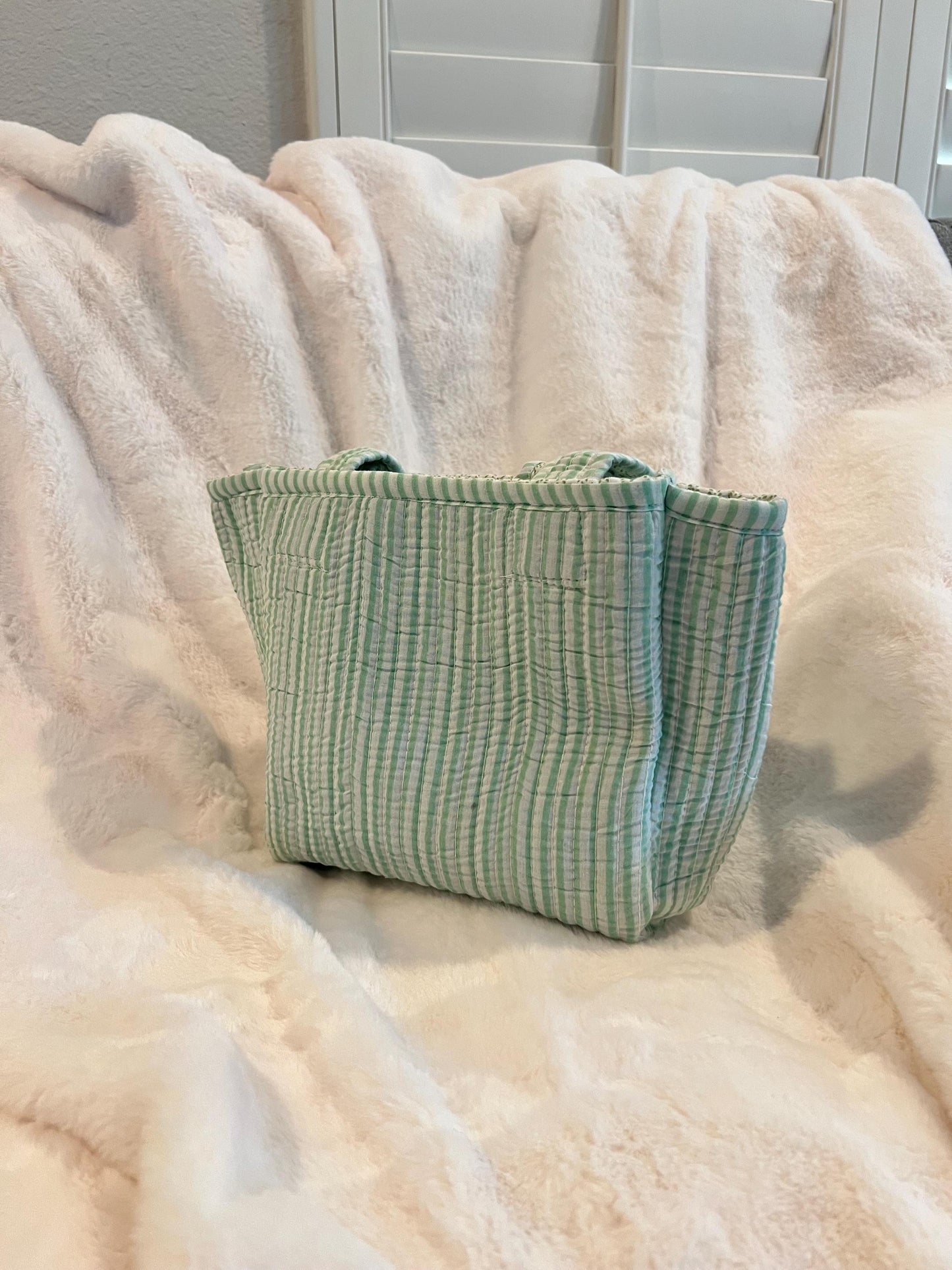 Hand blocked print cotton quilt reversible mini tote bag / stripe mini tote bag/ beach bag / green sage color bag - Chickticks