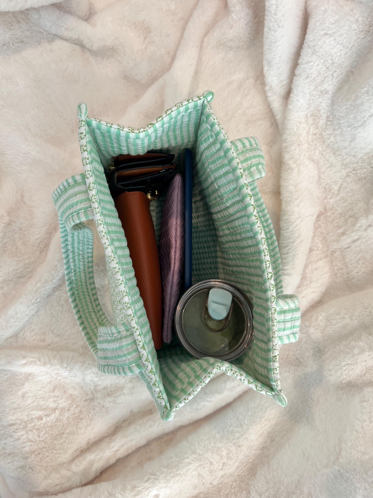 Hand blocked print cotton quilt reversible mini tote bag / stripe mini tote bag/ beach bag / green sage color bag - Chickticks