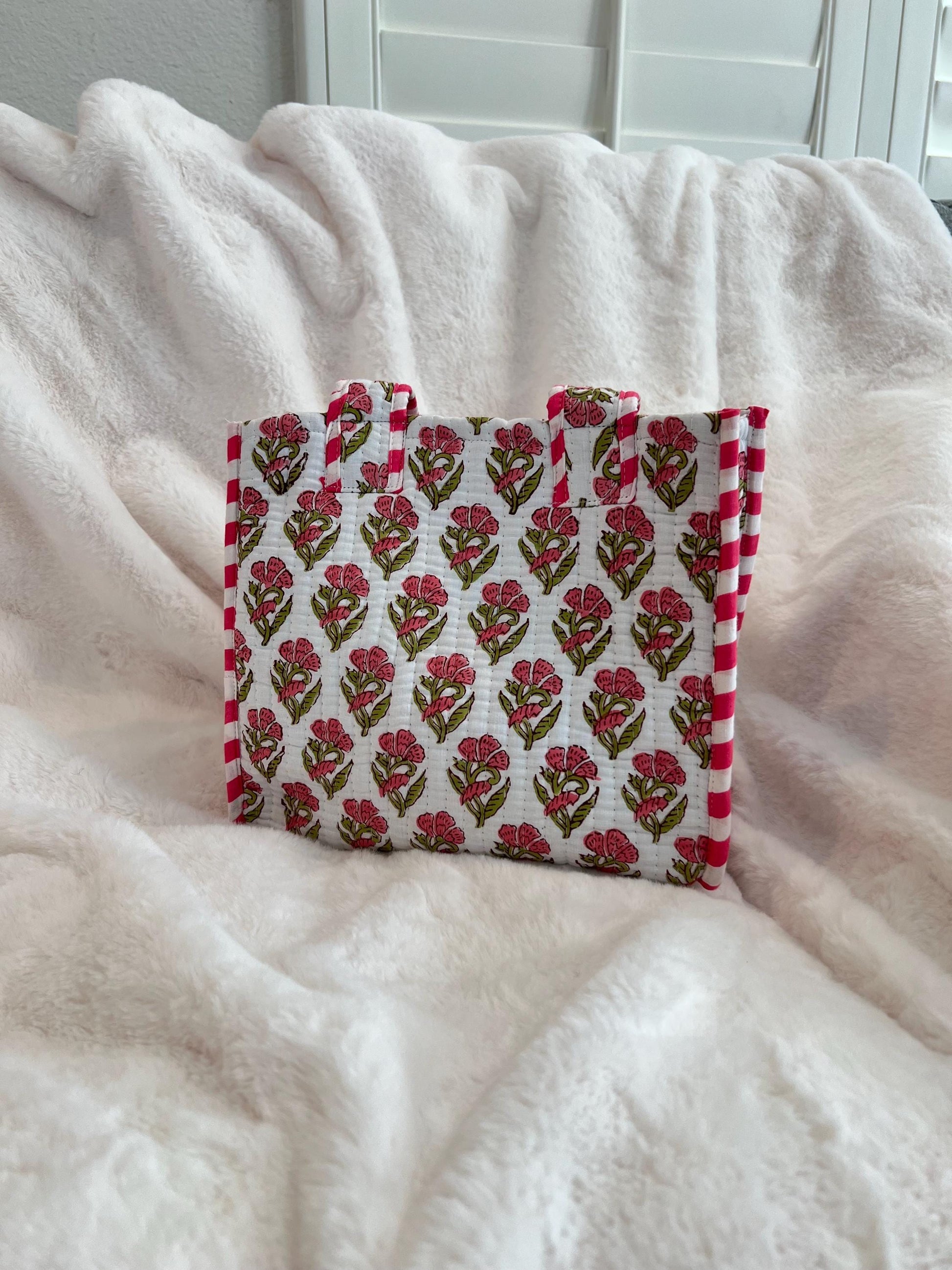Hand blocked print cotton quilt reversible mini tote bag / stripe mini tote bag/ beach bag / floral pink tote bag