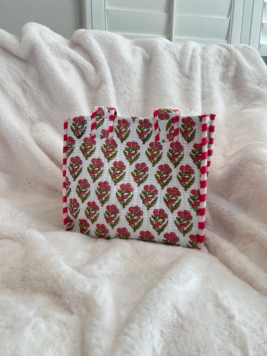 Hand blocked print cotton quilt reversible mini tote bag / stripe mini tote bag/ beach bag / floral pink tote bag