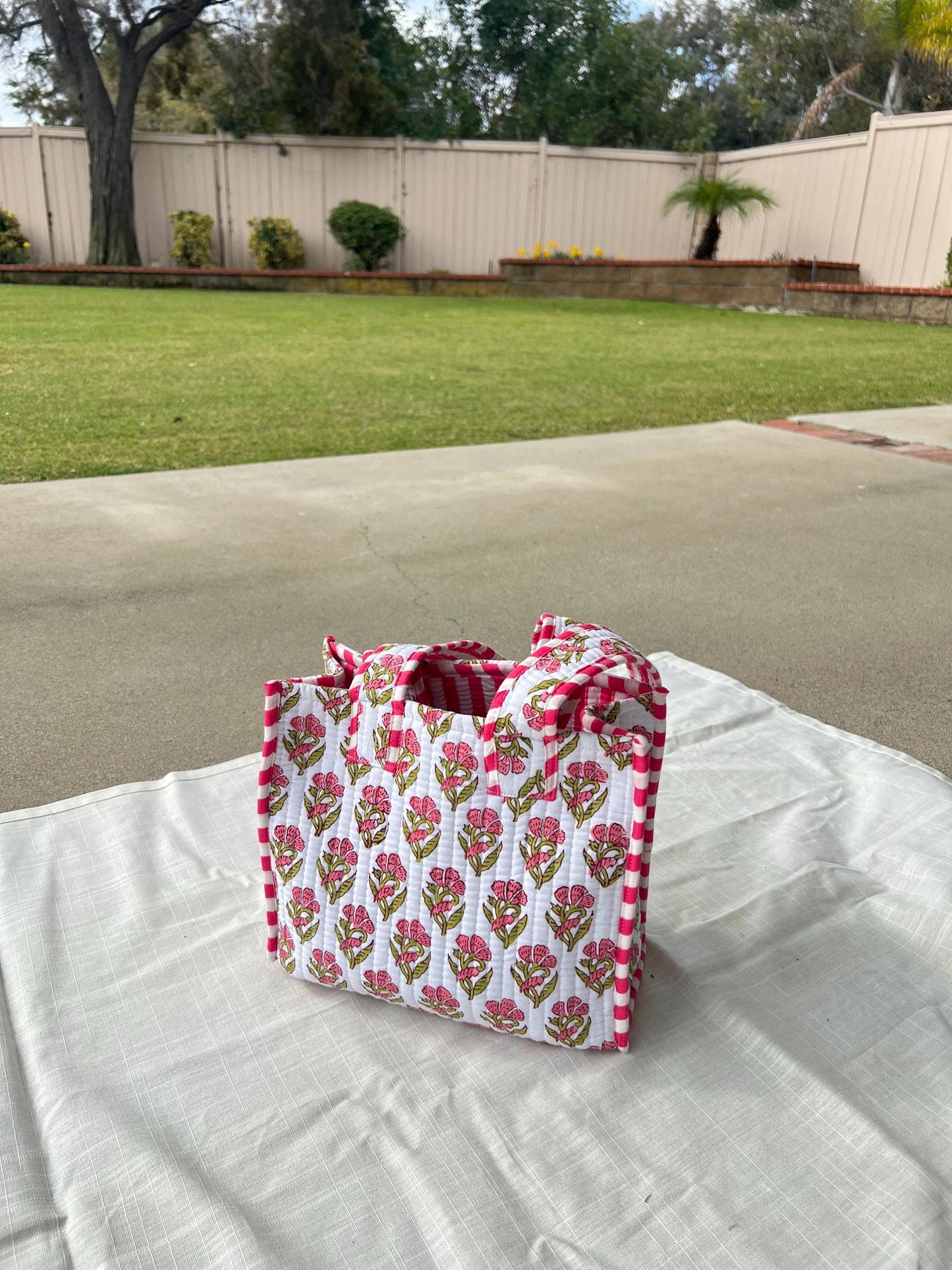 Hand blocked print cotton quilt reversible mini tote bag / stripe mini tote bag/ beach bag / floral pink tote bag