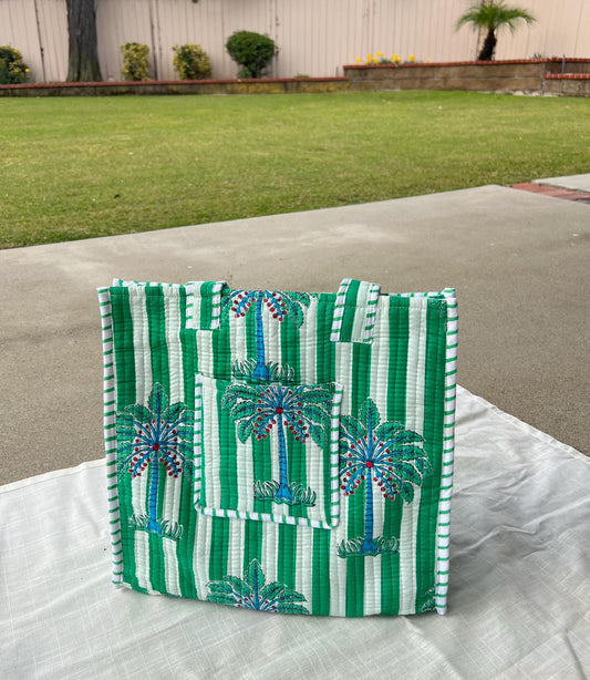 Hand blocked print cotton quilt bag large tote bag / palm tree green prints with pockets/ beach bag/ green stripes cotton quilt tote bag - Chickticks