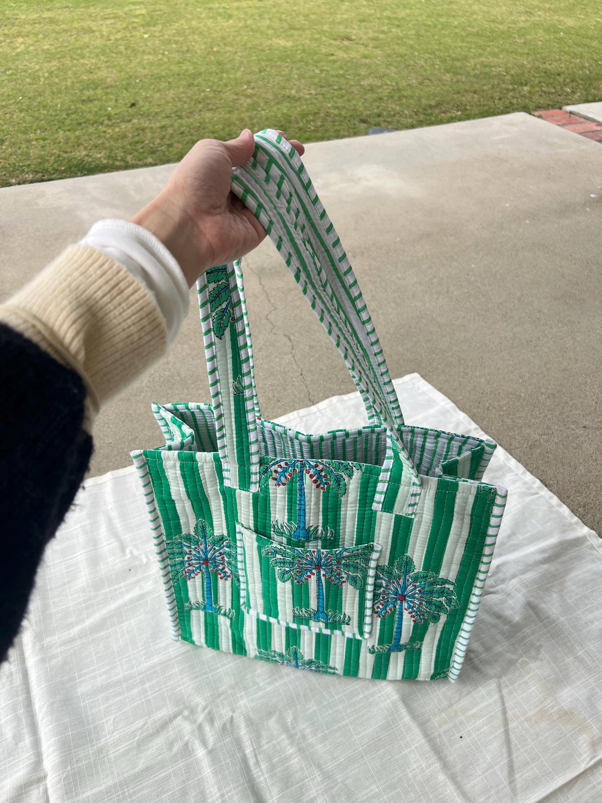 Hand blocked print cotton quilt bag large tote bag / palm tree green prints with pockets/ beach bag/ green stripes cotton quilt tote bag - Chickticks