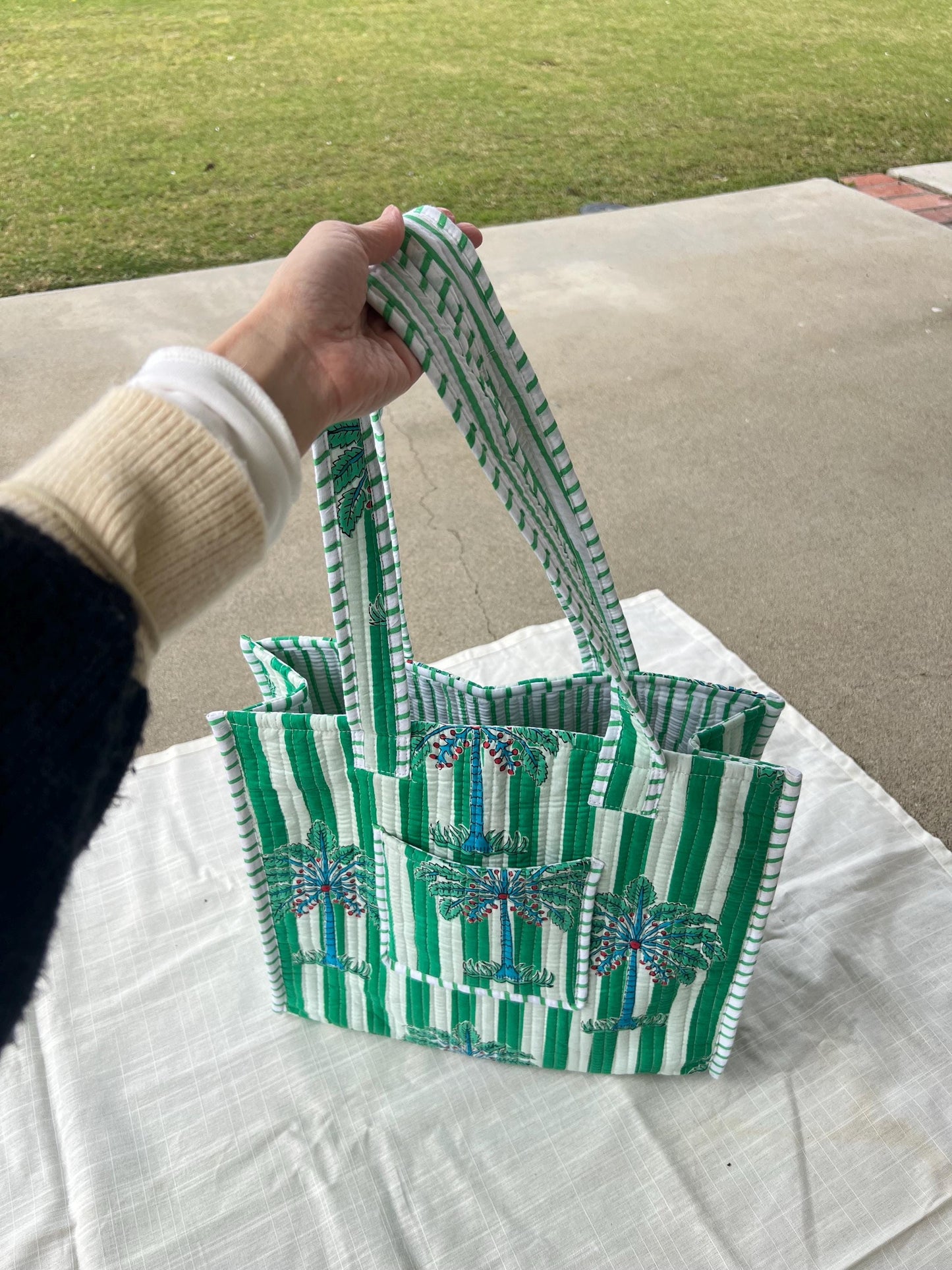 Hand blocked print cotton quilt bag large tote bag / palm tree green prints with pockets/ beach bag/ green stripes cotton quilt tote bag - Chickticks