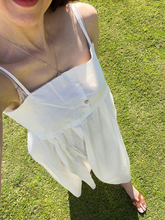 Midi white linen tank dress. French linen cotton midi dress. Victorian dress. Romantic dress. Square neck tank dress raw finished hem dress - Chickticks