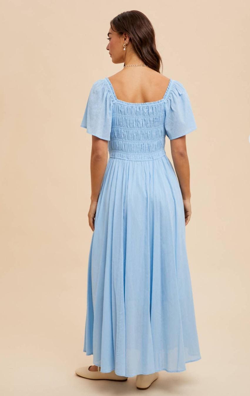 Button down square neck ocean blue dress. Doen inspired dress. Sezane inspired dress. Cozy cotton maxi dress