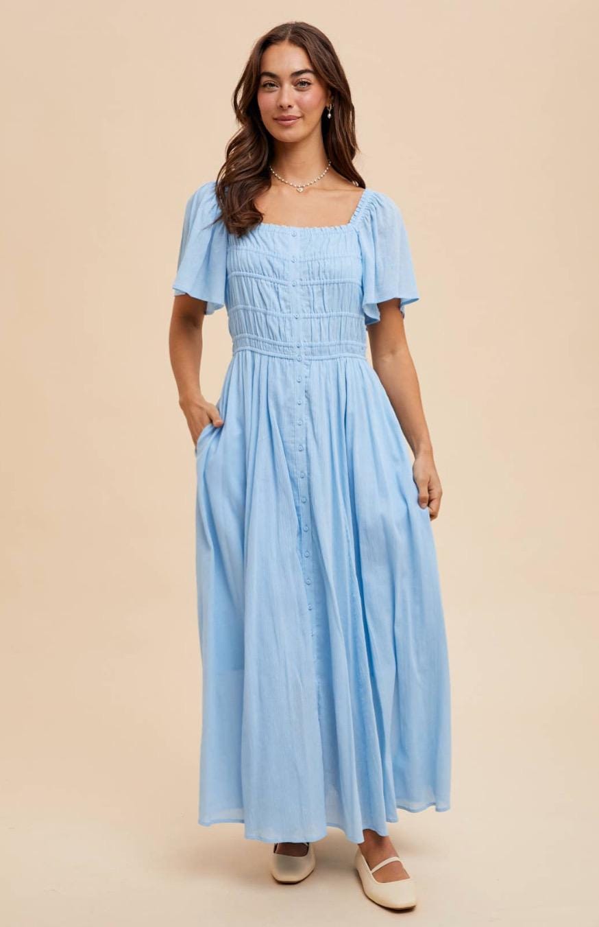Button down square neck ocean blue dress. Doen inspired dress. Sezane inspired dress. Cozy cotton maxi dress