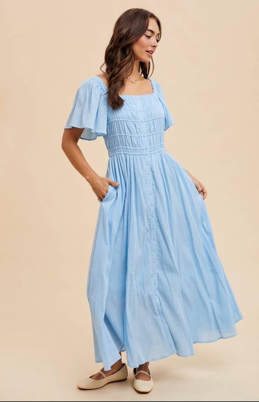 Button down square neck ocean blue dress. Doen inspired dress. Sezane inspired dress. Cozy cotton maxi dress