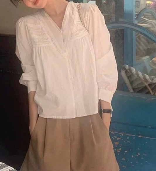 Casual white cotton shirt french lace to vintage inspired . Cozy cottage vibe top.Romantic blouse. Doen inspired top. Sezane inspired - Chickticks