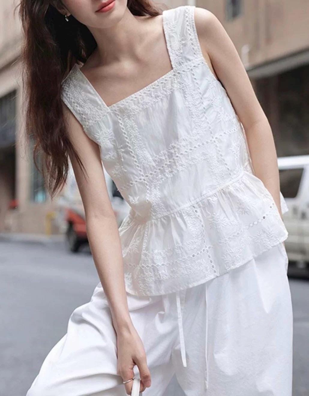 Cotton sleeveless embroidered french style vintage inspired. Square neck top. Doen style shirt. Cozy comfortable top. Romantic blouse - Chickticks