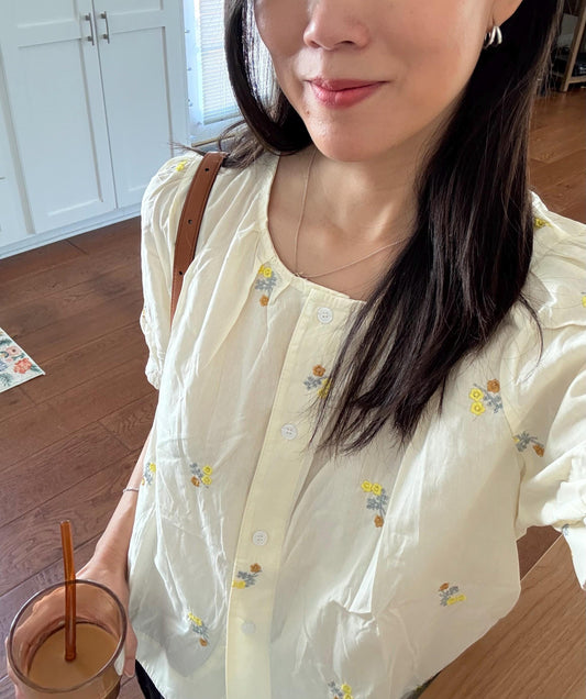 Casual cotton button down floral embroidered in lemon butter yellow. Cozy cottage vibe top.Romantic blouse. Doen inspired top. - Chickticks