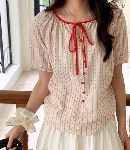 Casual cotton red stripes shirt french eyelet vintage inspired . Cozy cottage vibe top.Romantic blouse. Doen inspired top. Sezane inspired - Chickticks