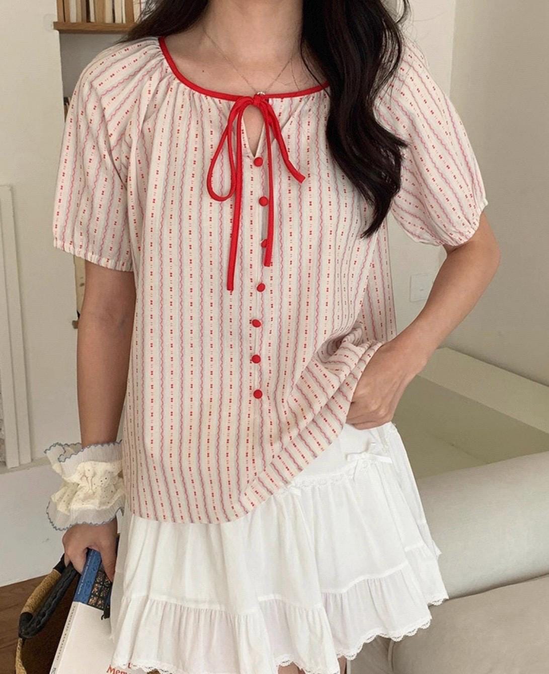 Casual cotton red stripes shirt french eyelet vintage inspired . Cozy cottage vibe top.Romantic blouse. Doen inspired top. Sezane inspired - Chickticks